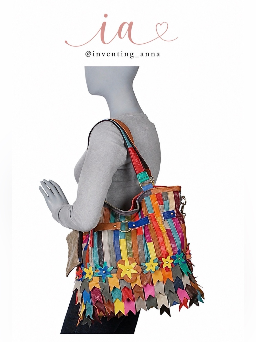 AMERILEATHER Multicolor Fringe Leather Tote /Crossbody Bag with Flower Accents